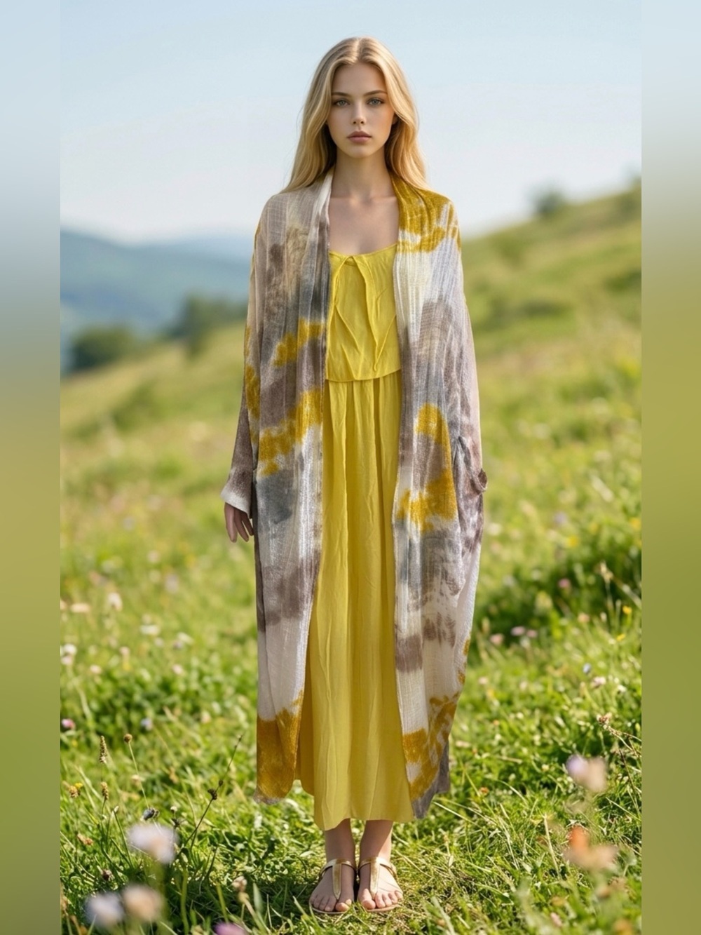 Angela Mara Lightweight Sheer Linen-Blend Top with Yellow Detail